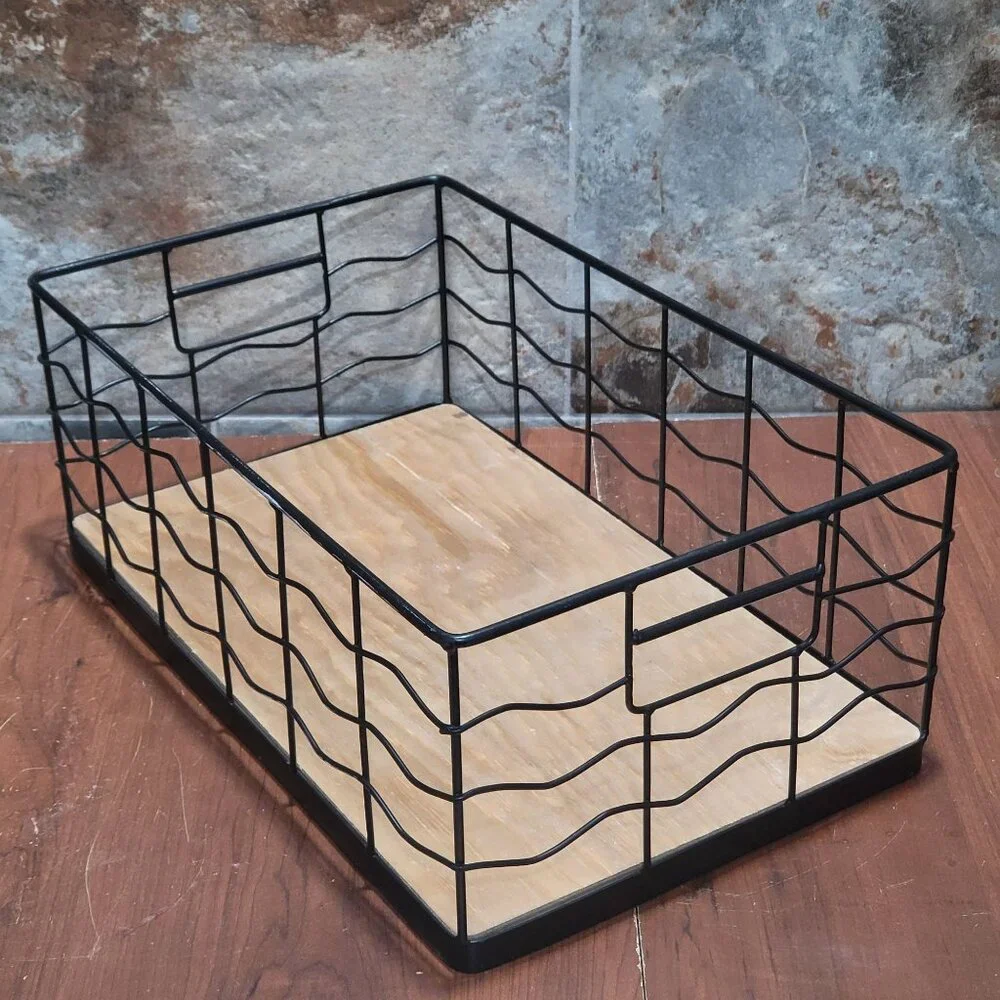 Decorative Black Wire Basket with Natural Wood Board Base